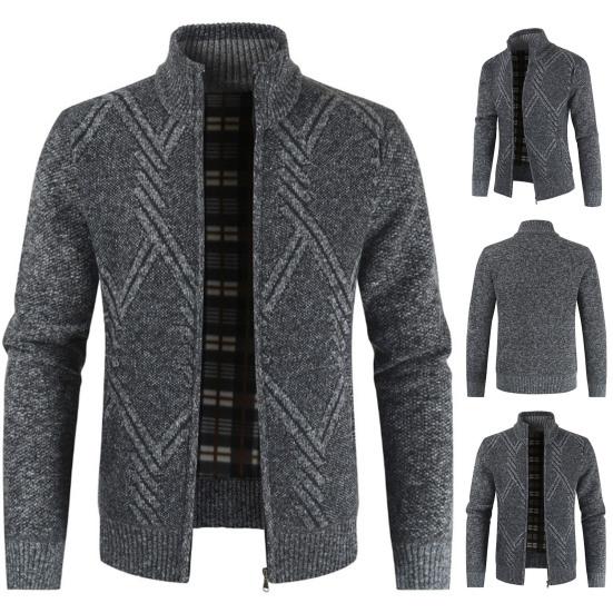 Stand Collar Long Sleeves Fleece Lining Sweater Coat Men Autumn Winter Geometric Pattern Zipper Placket Knitted Outerwear