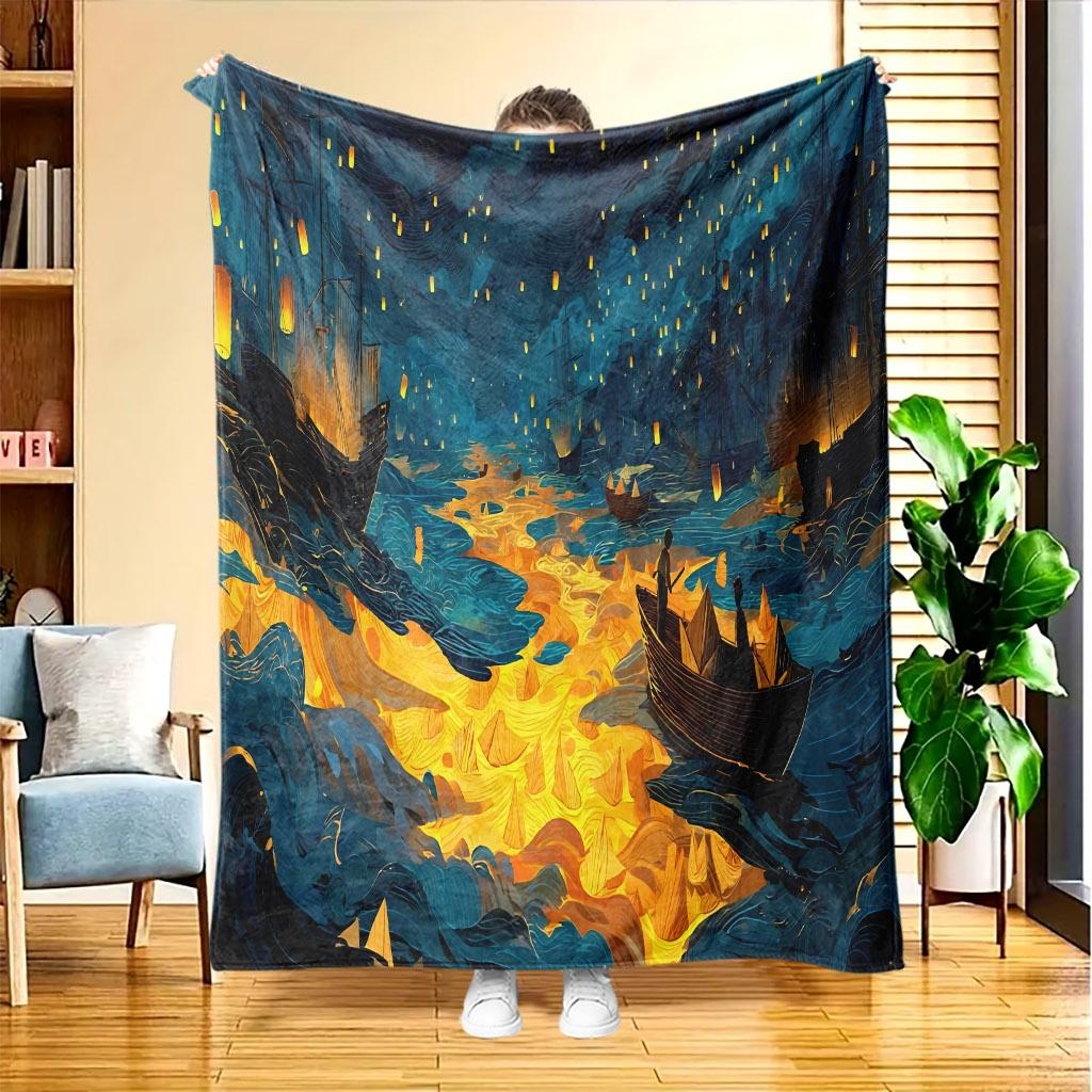 A Night Sea Paper Boat Flannel Blanket, Featuring High-Definition Digital Printing, Suitable for All Seasons, a Sofa Throw, Made of 100% Soft And Skin