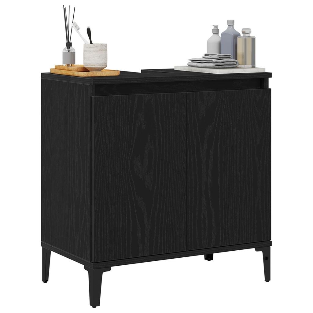 Black Oak Bathroom Sink Cabinet, Triangular Black Legs, Large Storage Space, 58x33x60 Cm Made of Particle Board.