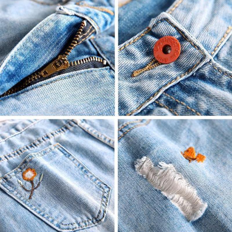 Large High Waisted Denim Shorts for Women Five Quarter Length Shorts Summer Thin Style Straight Tube Loose Fit Ripped Hole Embroidered Middle Pants