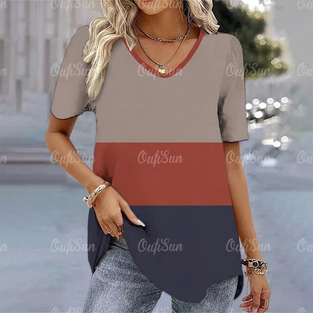 Tricou de damă, de modă simplă, cu decolteu în V, cu mânecă scurtă, cu dungi, tricou cu imprimeu pentru doamne, Harajuku, îmbrăcăminte largi, pulover pentru femei