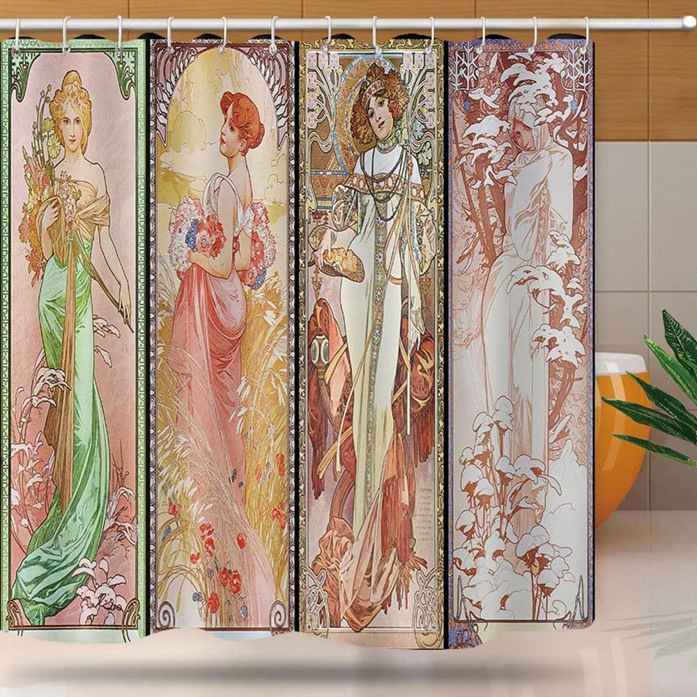 Jugendstil Dame Duschvorhang, Ästhetische Kunst Tageszeiten, Nachtruhe, Abendliche Träumerei, Morgendämmerung, Morgen erwachen Badezimmer-Set