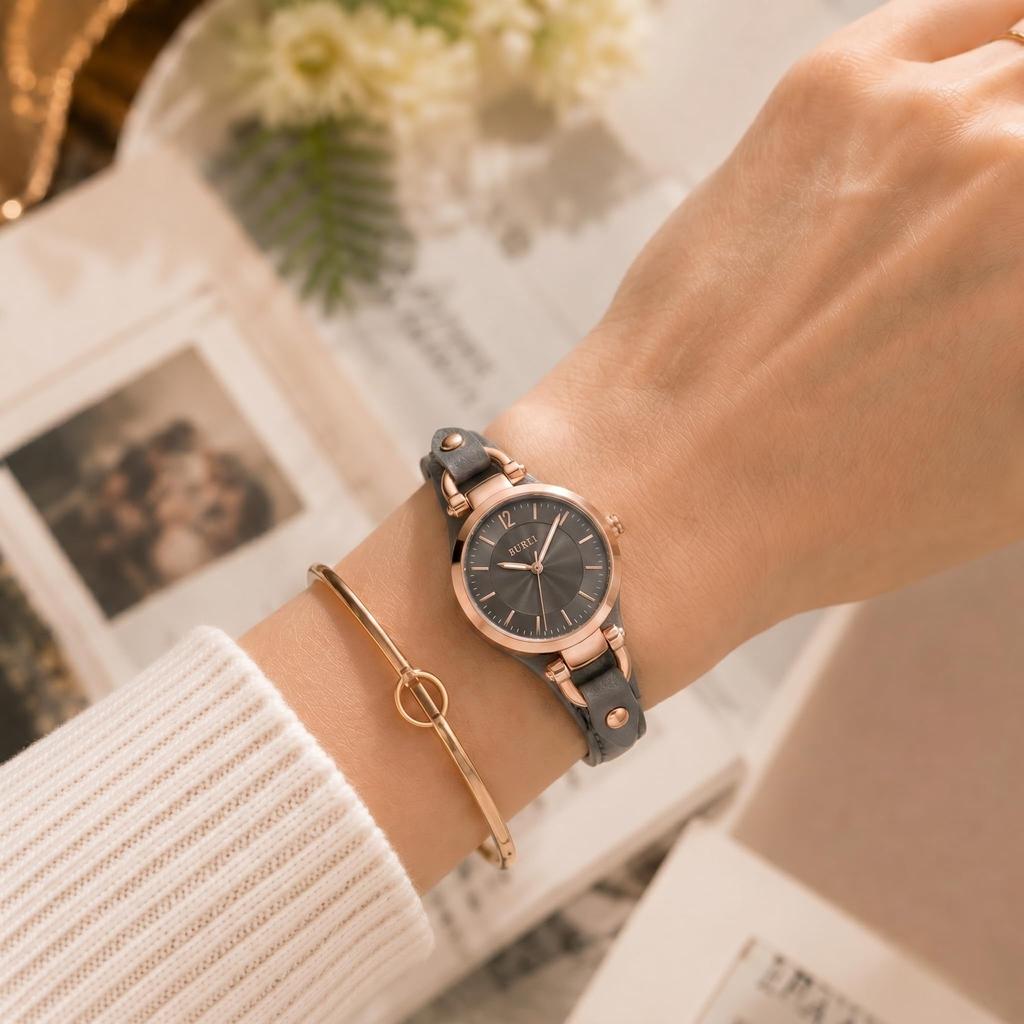 BUREI Analog Quartz Leather Slim Large Popular for and Perfect Gift for or Celebration Women's Watch, Waterproof, Strap, Design, Dial, Cute, Simple,