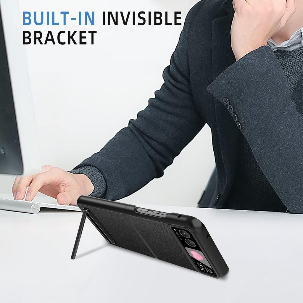 For Motorola Razr 40 5G Kickstand Case Leather+PC Cover with Rear Screen Film