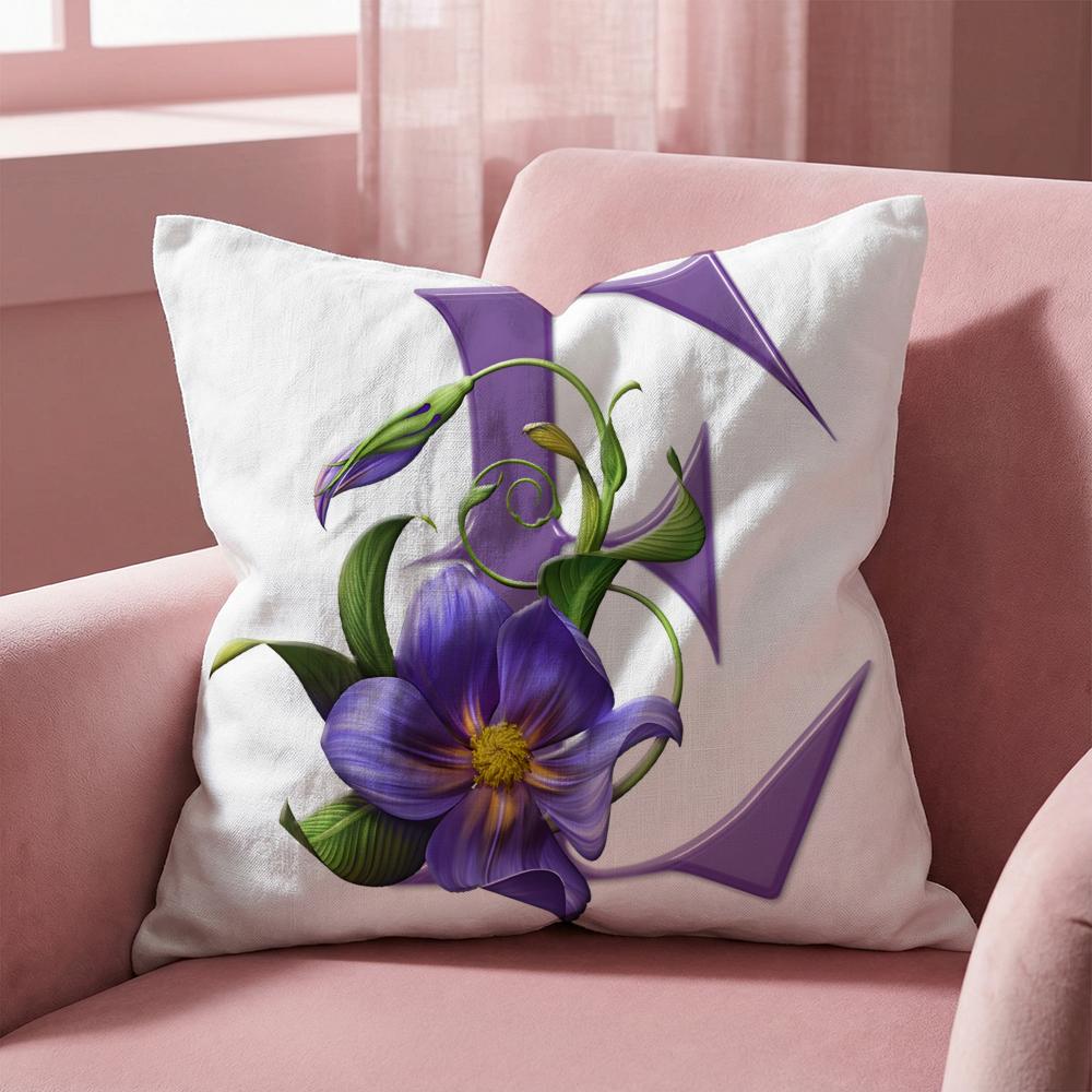 Simple Purple Flower Letters Cushion Cover Multi-Scene Pillow Cover for Home & Car - Reversible, Soft & Durable for Daily Use