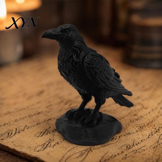 Dark Style Crow Statue 3D Printed Statue, Gothic Academia Bird Sculpture, Matte Black Raven Detailed Sculpture Figurine, Stable Rock Base for