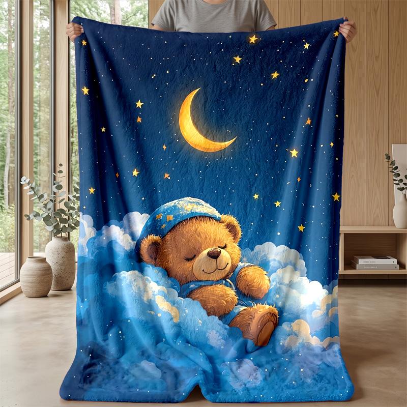 Teddy Bear Sleeps On Branch Under Moon Theme Blanket Lightweight Warm Flannel Blanket Decorative Throw Blanket for Home Decoration