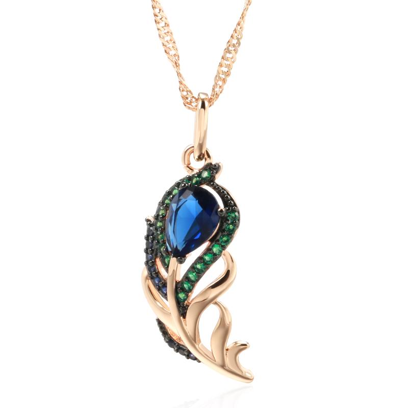 

Blue Natural Zircon Pendant Necklace For Women Rose Gold And Black Plating Vintage Crystal Leaf Daily Fine Jewelry 50cm