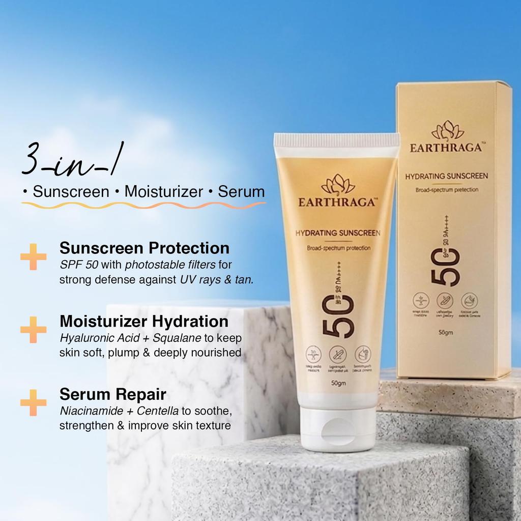 EARTHRAGA Hydrating Sunscreen SPF50 PA++++ | 50 ml | 3-in-1 Formula Sunscreen, Moisturizer, Serum | Best for All Skin Type (Dry, Oily & Sensitive