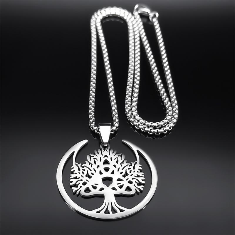 Witch Moon Trinity Knot Tree of Life Necklace for Women Men Stainless Steel Silver Color Aesthetic Amulet Chain Jewelry N9745S02