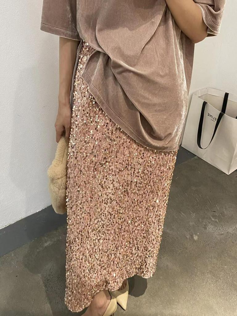 2025 High Waist Sequined Midi Skirt with Elastic Back Slit for Women