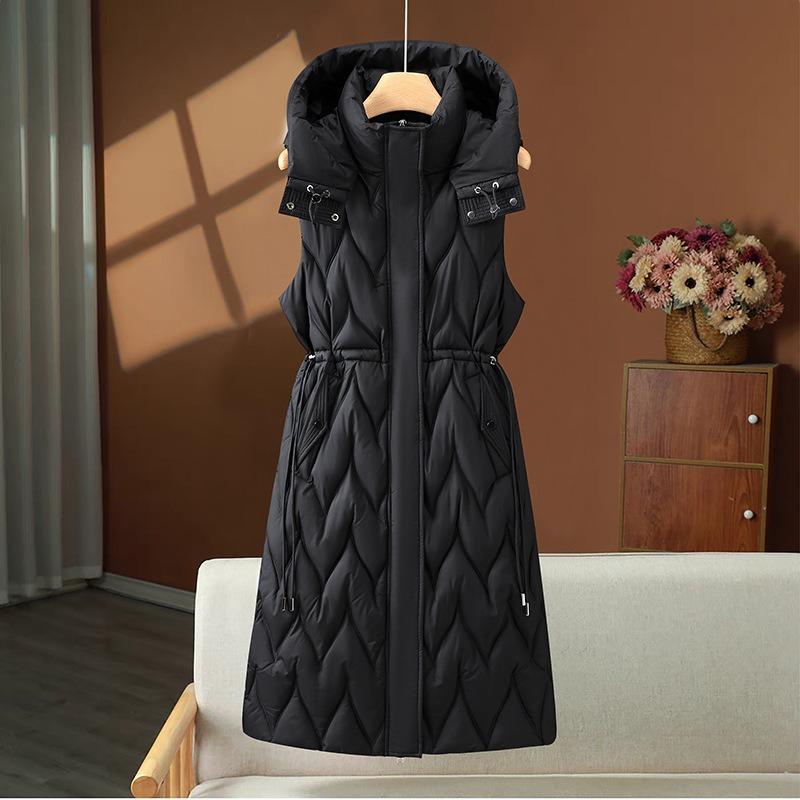 Medium and long over-knee cotton vest jacket for women's autumn and winter hooded fashion casual warm vest waist vest