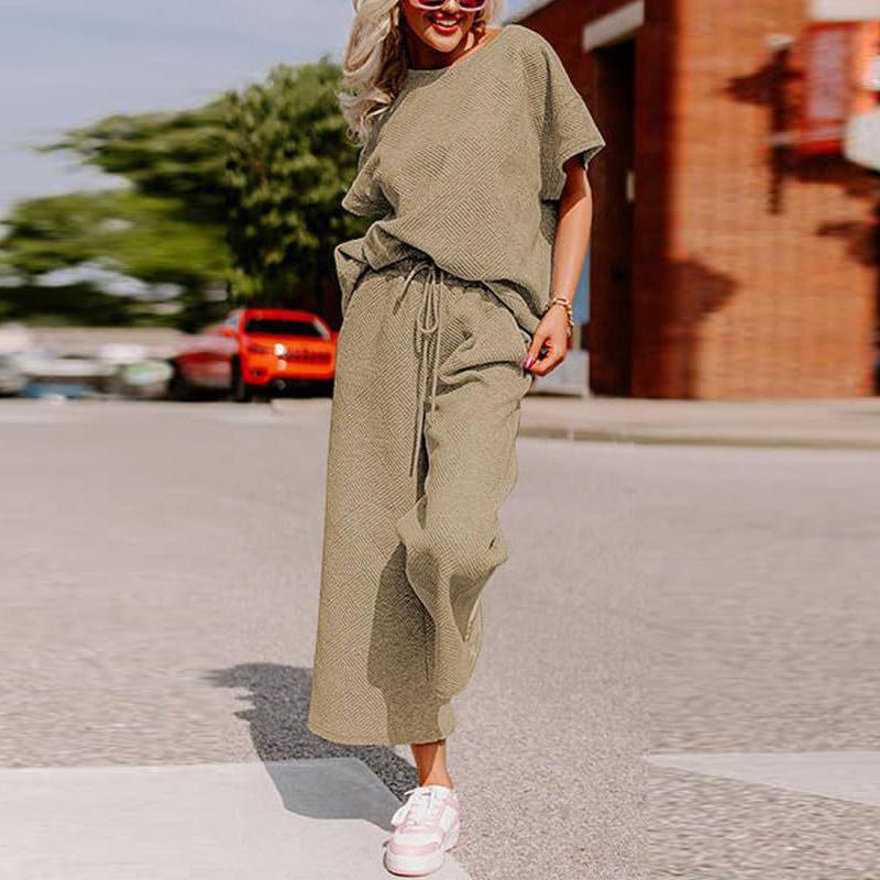 Sets for Women Summer Lounge Sets O-Neck Tops Wide Leg Crop Pants Vacation Travel Outfits