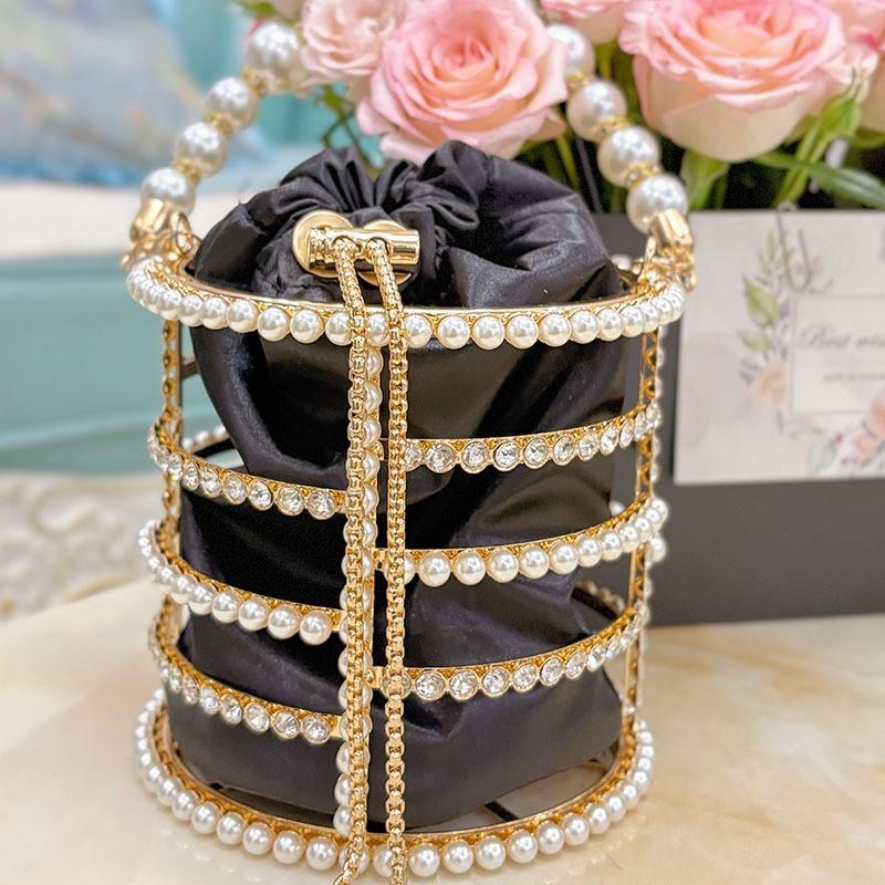 French Hollow Silk Satin Shiny Bleeding Water Diamond Vegetable Basket Banquet Pearl Bucket Clutch Messenger Bag