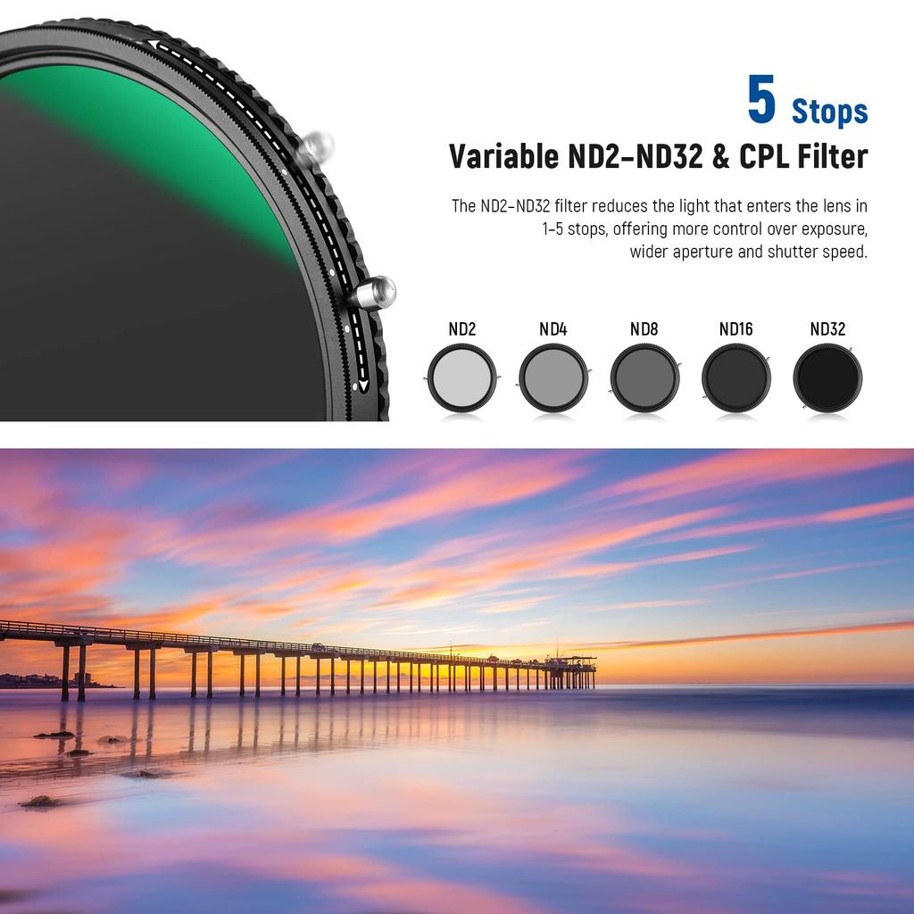 NEEWER 77mm Variable ND Filter CPL Multifunctional No HD Optical Nano 2-in-1 ND2–ND32 & Filter, 2-in-1, X-shaped unevenness, Glass, 30-layer Coating,