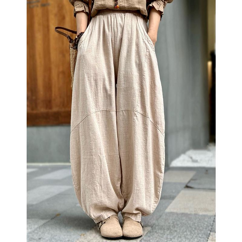 Women's Cotton Linen Loose Lantern Pants - Autumn Zen Meditation Tai Chi Style