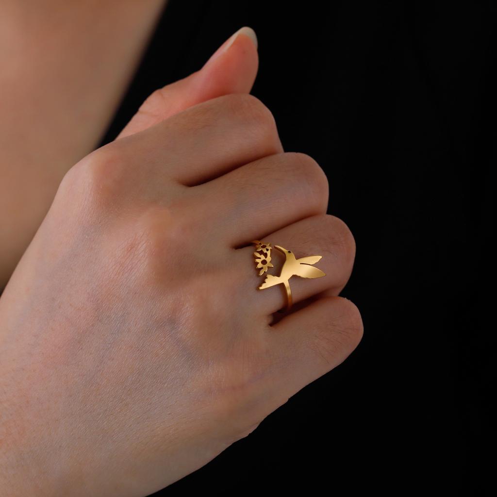 Cazador Bird Flowers Leaves Rings for Women Stainless Steel Jewelry Animal Open Finger Ring Birthday Anniversary Gift Wholesale