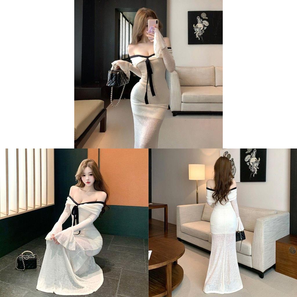 Elegant High Waist Long Sleeve Knit Dress With Colorblock Design For Fall 2025