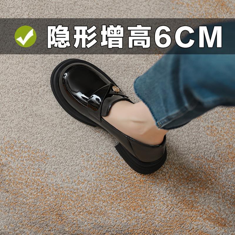 Small Leather Shoes Women's Thick-soled Thick Heel Inner Height Increase 6CM Versatile Small Size 32334 Black Round Head Small Gold Coin