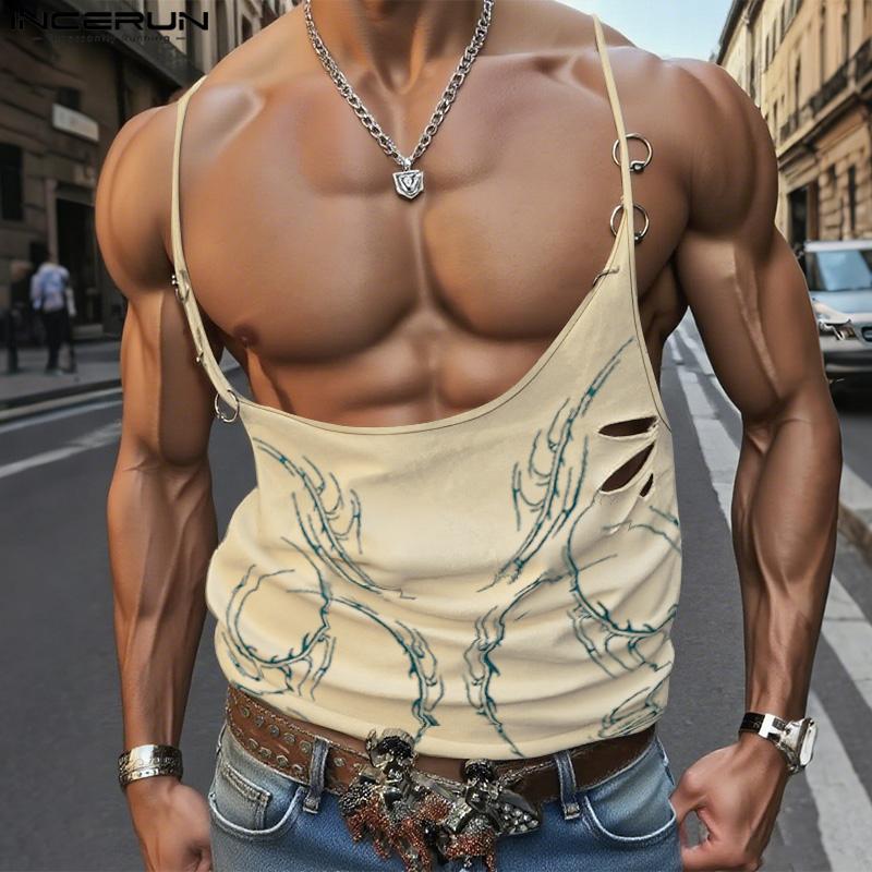 INCERUN Men Sling Sleeveless Low Cut Print Tank Tops Camisole Undershirts