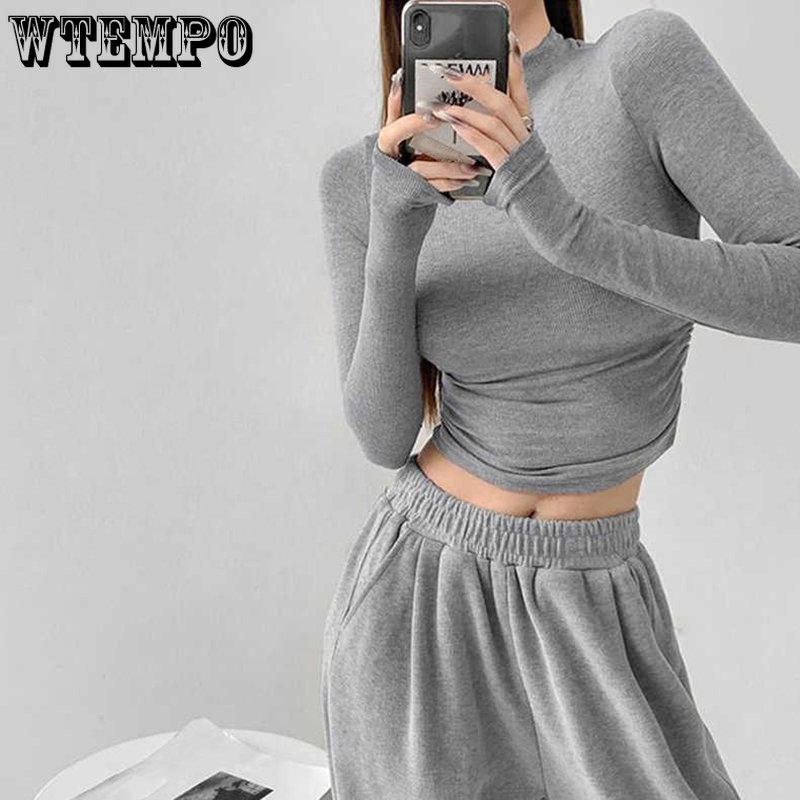 Ins Half High Neck Pleated Knitted Bottoming Shirts Women Stretchy Slim Thin Short Section Inside Long Sleeve Jumper Tops