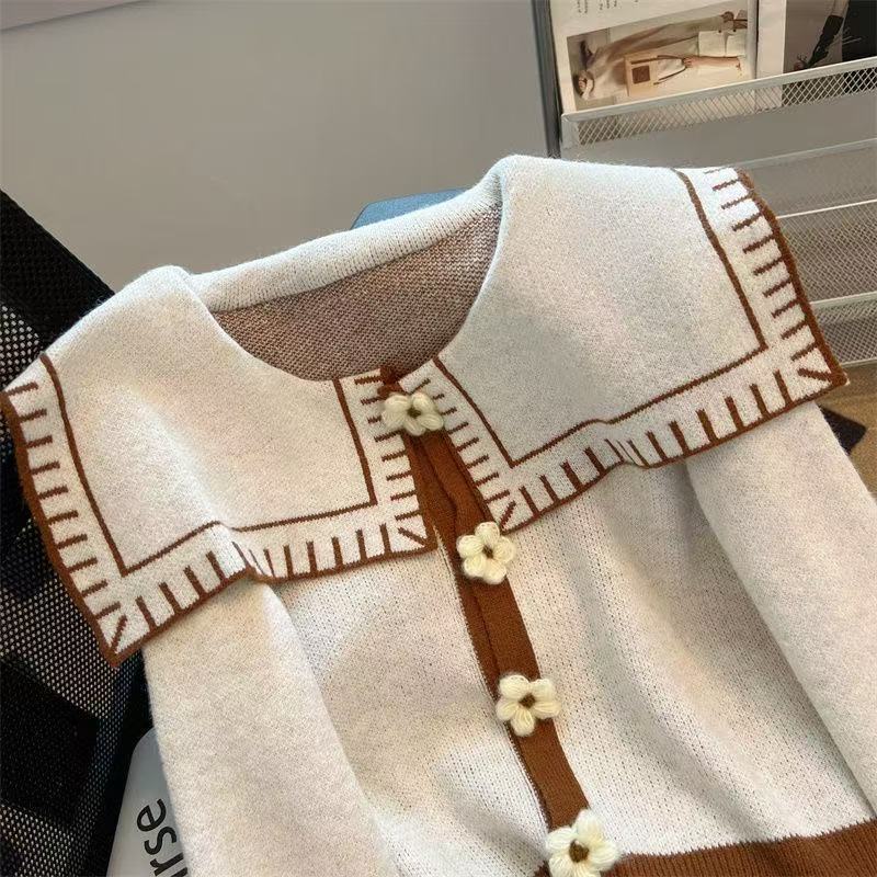 Flower Women's Sweater Navy collar solid color knitted sweaters Long sleeved autumn women Korean casual Loose top