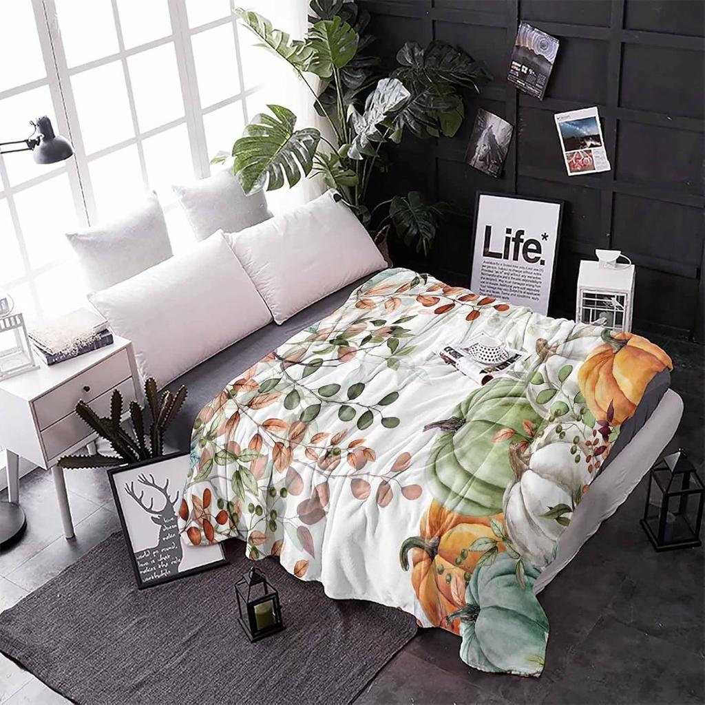 1pc Cozy Autumn Pumpkin & Eucalyptus Fleece Throw Blanket - Soft, Decorative Fall & Thanksgiving Blanket for Sofa, Couch, Chair