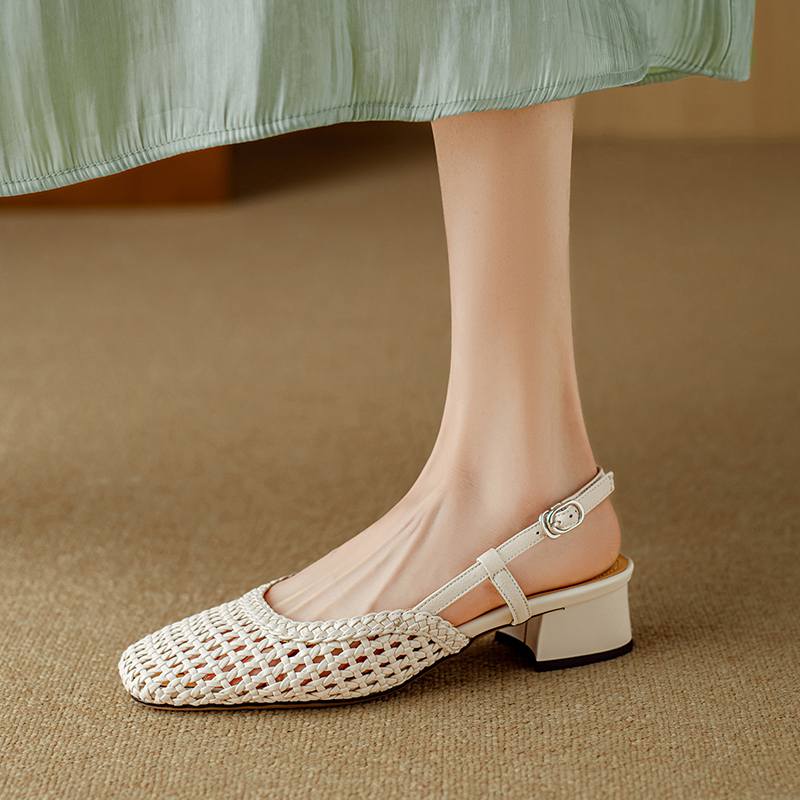 Krazing Pot Microfiber Weaving Summer Size 41 Med Heels Slingback Party Shoes Women Square Toe Gladiator Hollow Out Pumps