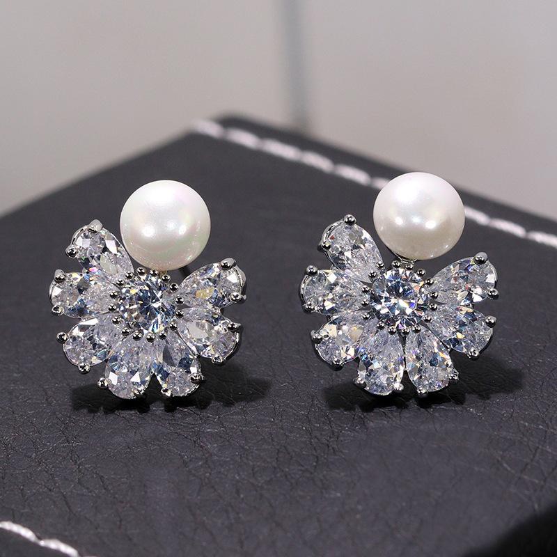 Sterling Silver Temperament Women'S Simple Snowflake Zircon Natural Pearl Stud Earrings Short Small Pearl Earrings Earrings