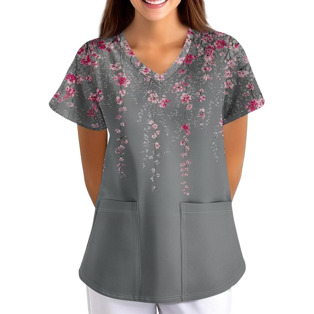 Women V Neck Printed Short Sleeve Loose Fit Scrub Top with Pockets for Nurses Caregivers Work Uniform Shirt