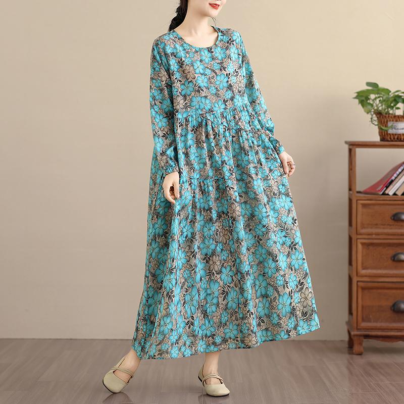 DIMANAF Neu 2025 Damen Übergröße Frühling Langes Kleid Locker Basic Vintage Oversize Langarm Maxi Floral