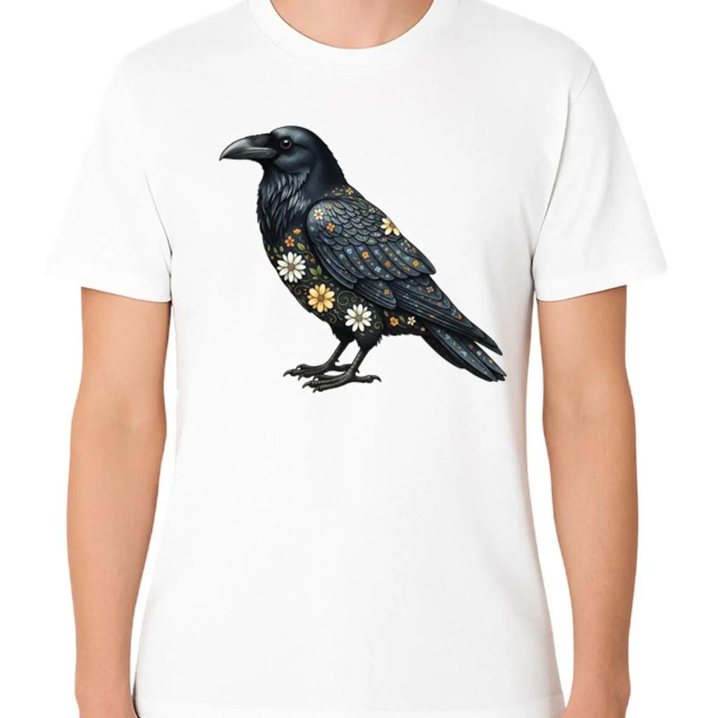 Floral Raven Bird Art T Shirt Gothic Wildlife Illustration Vintage Top For Everyday Wear Unisex Graphic Soft