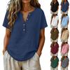 Women's Loose-Fit Fashionable Cotton-Linen Short-Sleeve V-Neck Button-Down Blouse