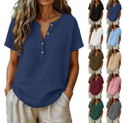 Women's Loose-Fit Fashionable Cotton-Linen Short-Sleeve V-Neck Button-Down Blouse