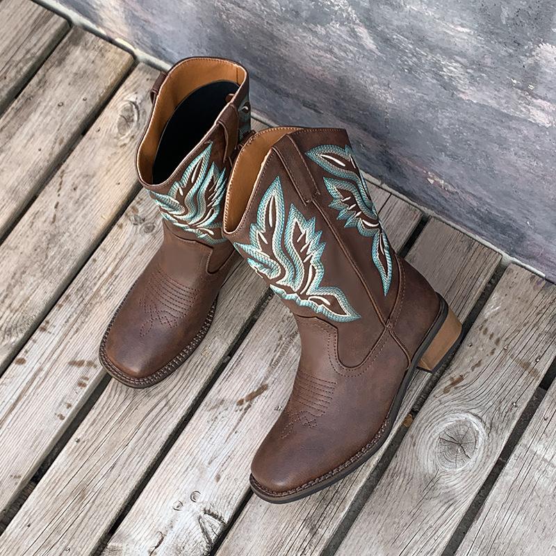 Cowhide version~ 2025 new embroidered long knight boots square head thick heel boots autumn leather western cowboy boots women
