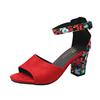 Damen Sommerschuhe 2026 Quadratische Hohe Sandalen Vintage Blumenmuster Offene Zehenpartie Hohe Absätze Damen Lässige Schnalle Knöchelriemen Sandalen