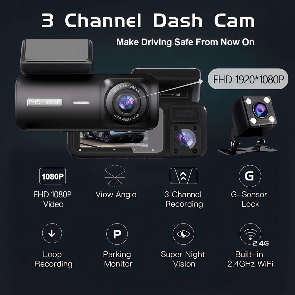 3 Channel Dash Cam for Car 1080P Video Recorder WIFI APP Dashcam Car DVR Front and Rear View Camera Night Vision car accessory