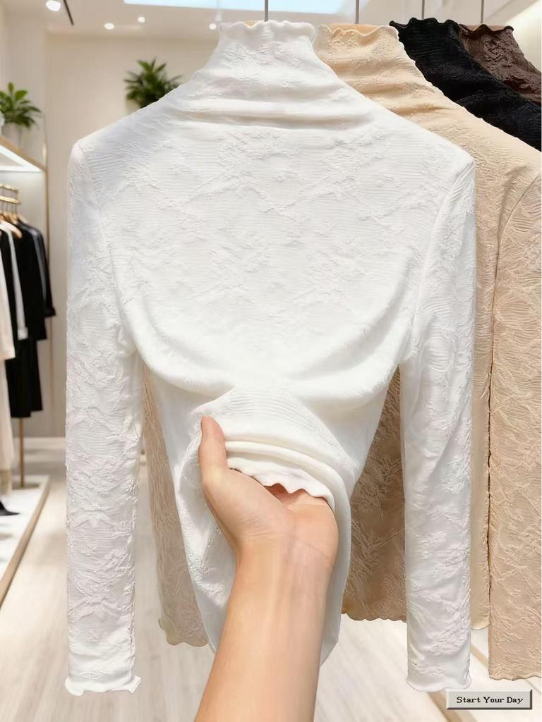 Women's High-Neck Lace Jacquard Base Layer Top - Fleece or Thin-Lined for Autumn & Winter Warmth.