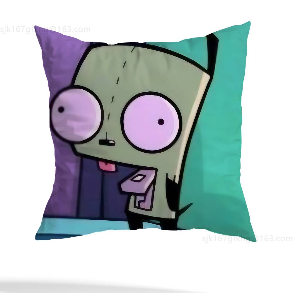 Green Invader ZIM Pillow Case Square Double-Sided Printing Short Plush Sofa Cushion Cover Bedroom Bedside Pillow