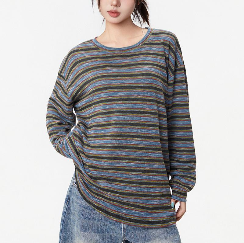 

Contrasting Stripes Long Sleeve T-Shirt Bottom Shirt Women s Thin 2025 Autumn New Loose Crew Neck Top 2XL