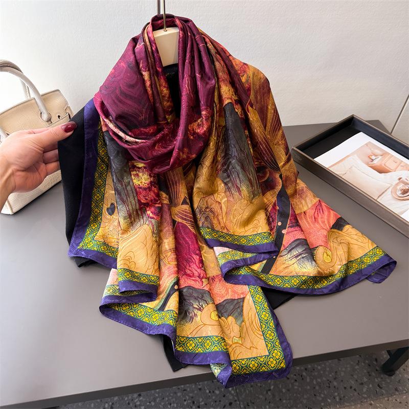 Blue Flower Yayun Printing Fragrant Cloud Yarn Spring And Summer Silk Scarf Large Long Scarf Travel Shawl Sun Protection Women'S Scarf Headscarf