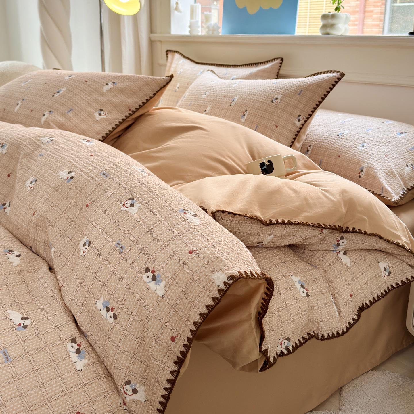 

Soft Cotton Waffle Weave Jacquard Shell Edge 4-Piece Bedding Set 1.2m Flat Sheet 3-Piece - 150x200 Duvet Cover