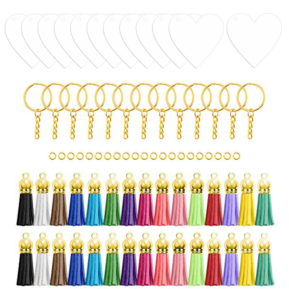 120-Piece Acrylic Keychain Set with Tassels and Small Spike Pendants, Transparent Round Blanks