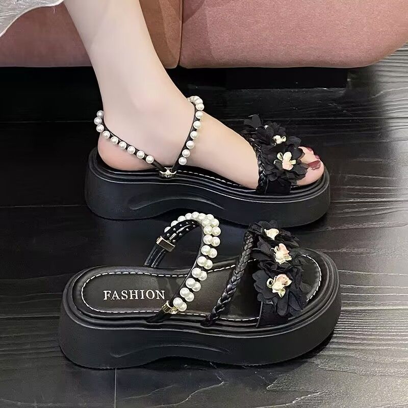 thick-soled two-wearing sandals female 2025 new summer wear fashion flower with skirt fairy wind pearl casual shoes
