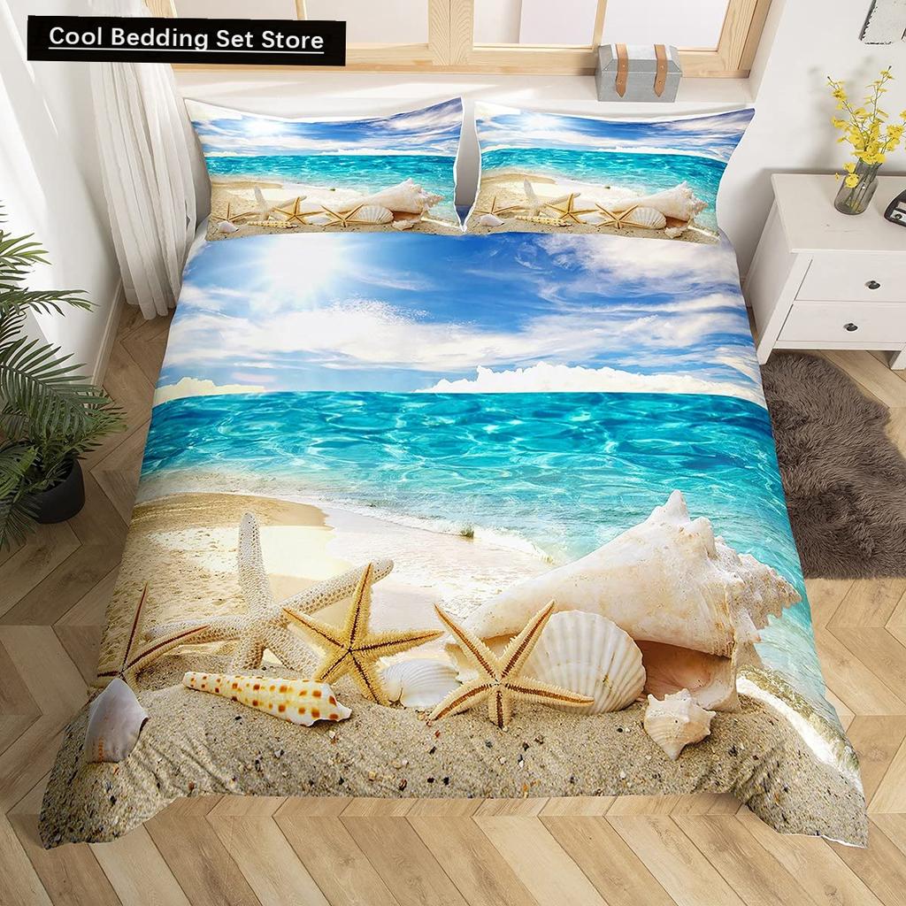 Beach Starfish Seashell King Queen Duvet Cover White Ocean Creatures Bedding Set Hawaii Quilt Cover Polyester Comforter Cover