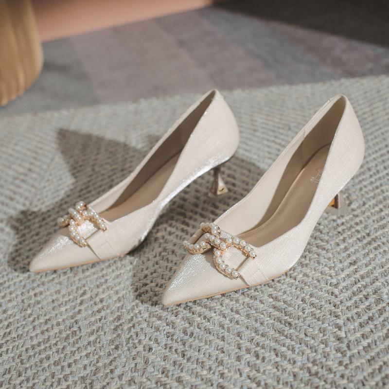 French high heels niche pearl advanced new pointy skinny shoes for women not tired feet suitable for daily commuting
