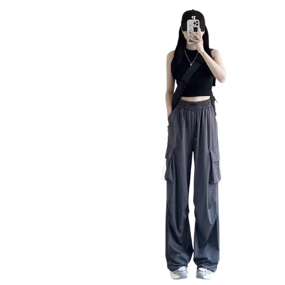 Women's Gray High-Waist Parachute Cargo Pants - Casual Wide-Leg American Sportswear for Spring, Summer, and Autumn 2025