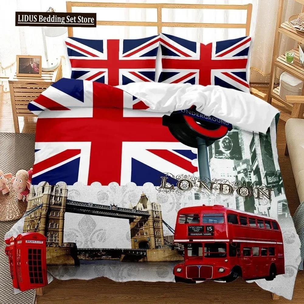 UK London Style King Queen Duvet Cover British Elements Bedding Set for Teens Adults London Bridge Big Ben Polyester Quilt Cover