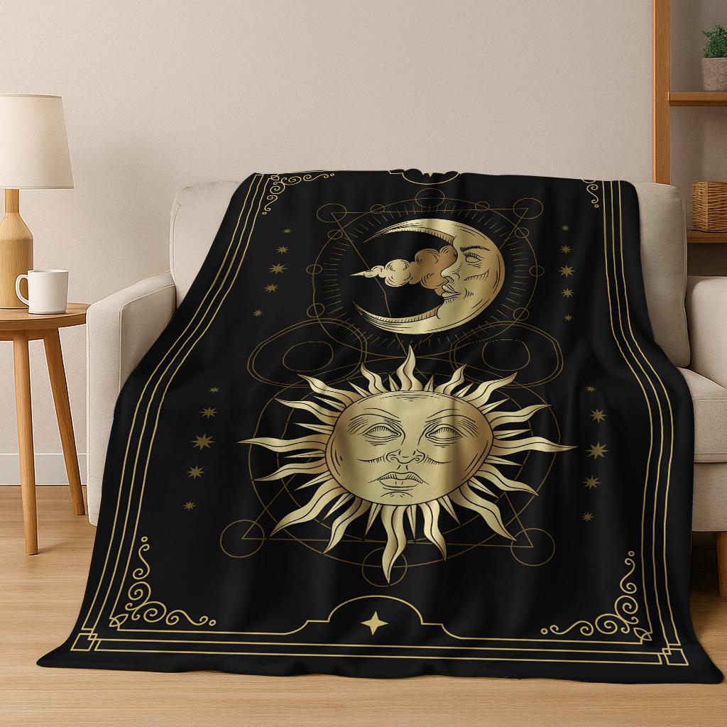 Gothic Sun Face Moon Face Witchcraft Tarot Flannel Blanket Soft Warm Blanket for Bedroom Room Living Room Travel Camping Picnic