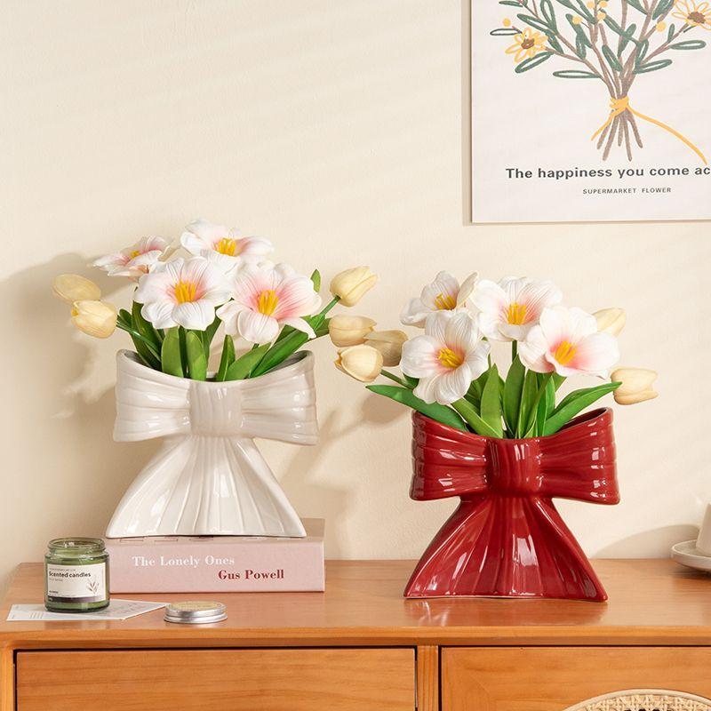 Creative Bow Vase Ornaments High-end Ceramic Hydroponic Flower Arrangement Living Room Office Vintage Vase Home Ornament Gifts